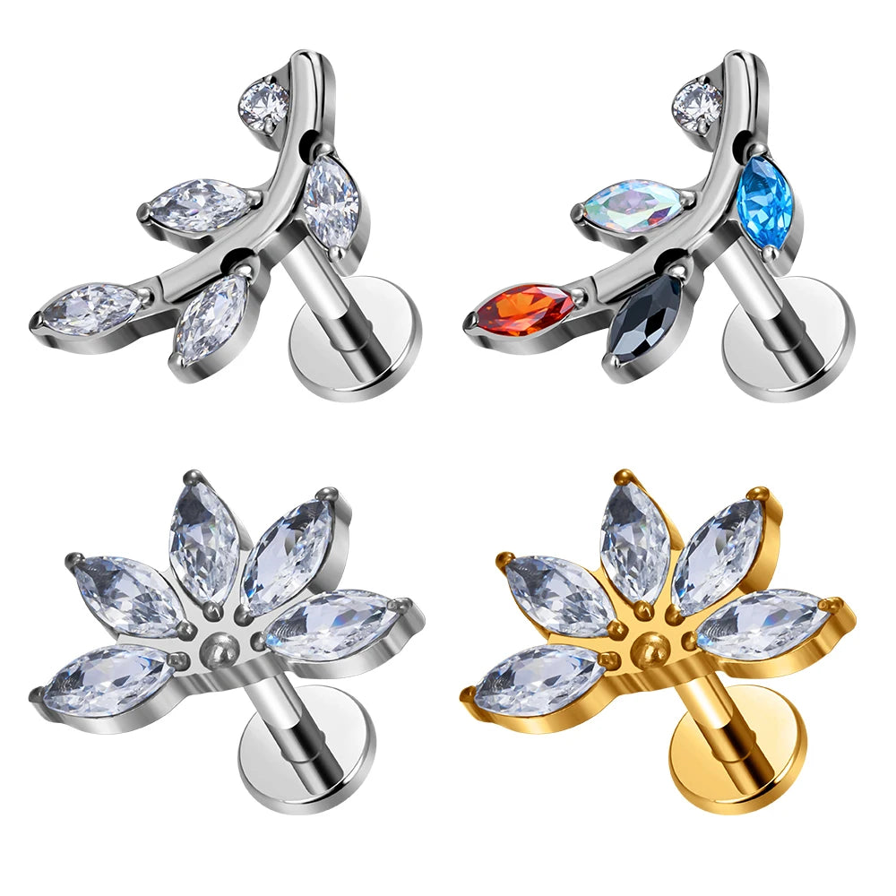 Wholesale ASTM F136 Titanium 16G Internal Thread Flower Leaf Shape CZ Inlay Nose Stud Cartilage Helix Earrings  Piercing Jewelry