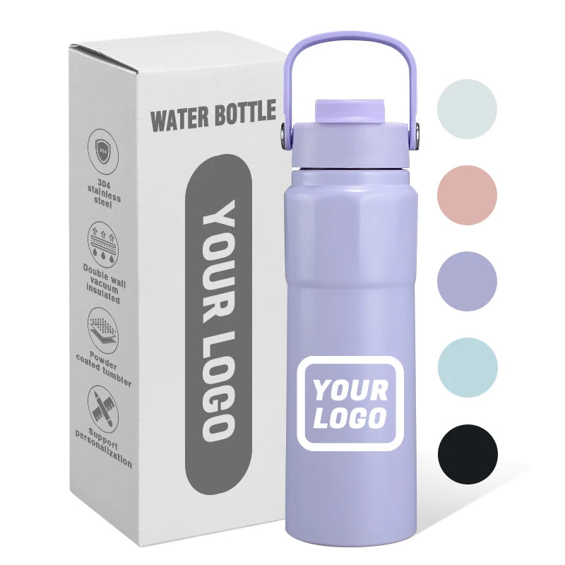 Logo Custom Water Bottle With Handle and Lid 750ml Double Walled 304 Stainless Steel Vacuum Mug Colors Travel  Cycling Outdoor