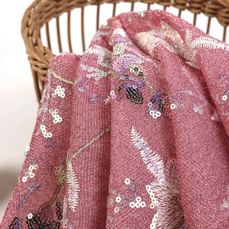 100% Polyester Jacquard Glitter Silver Sequins Net Fabric Embroidered Plant Design Stretchable Weft for Wedding Boys' Clothing