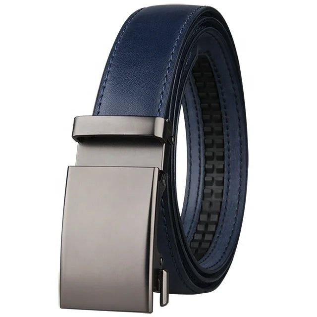 30MM Metal Click Adjustable Blue Cow Leather Men's Belts With No Holes