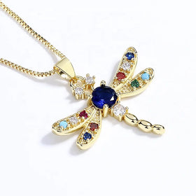 Colorful Custom Mossanite Blue High Quality 18K Gold Plated Dragonfly Pendant Necklace New in Fine Fashion Jewelry