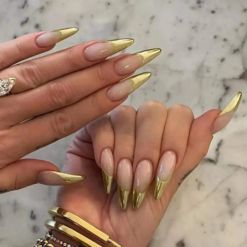 IN STOCK Artificial Fingernails Wholesale Private Label French Gold Edge Almond False Press on Nail Press on
