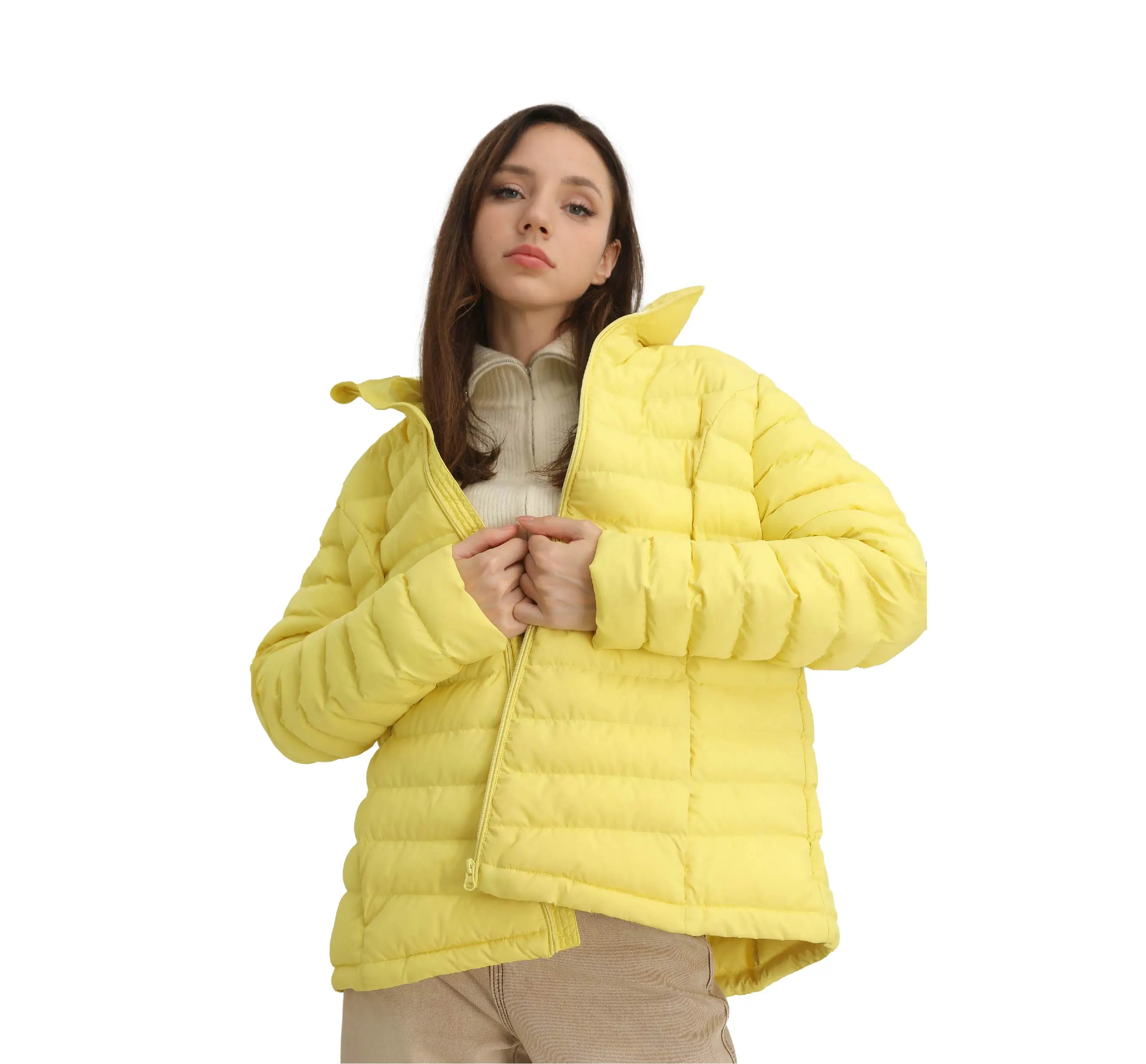 Women's Lightweight Cotton Waterproof Jackets Portable Windproof With Stand Collar Vacuum Packaging for Winter Season