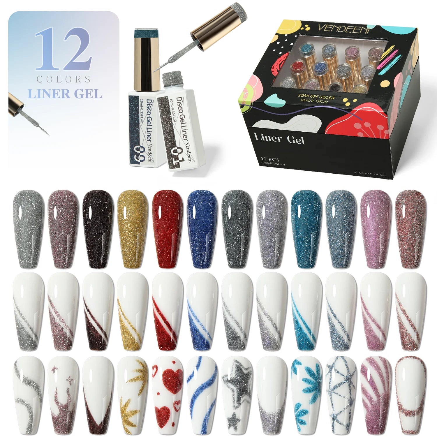 Vendeeni OEM/ODM Multi Effects Nail Art 12Colors Reflective Glitter Liner Gel Polish OEM 10ml Reflective Disco Liner Gel Polish