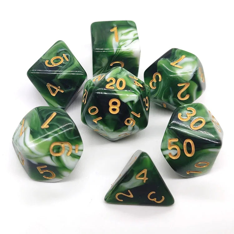 Custom Swirl Green and White Polyhedron Gaming Dice Set