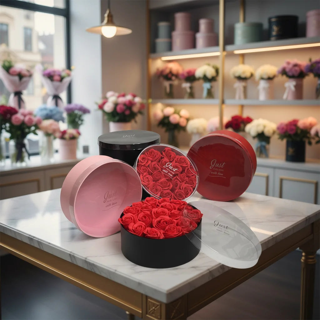 In Stock 3-piece Set  Round Box PVC Transparent Cover Flower Box Gift Packaging Box