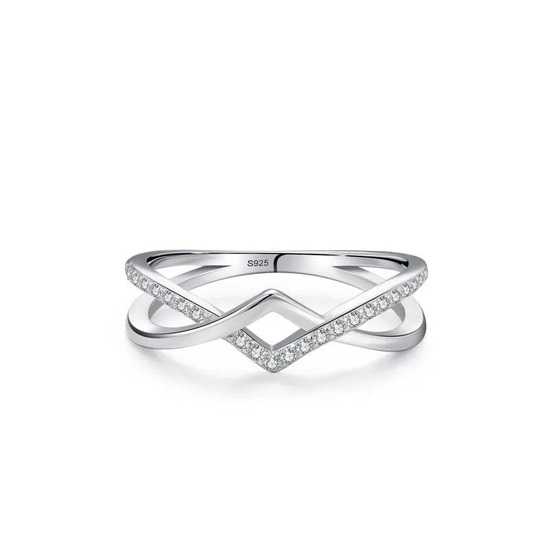 Light Luxury 925 Sterling Silver Rhodium Plated Double Heart Cross Ring Geometric Line Twisted Design for Weddings and Parties