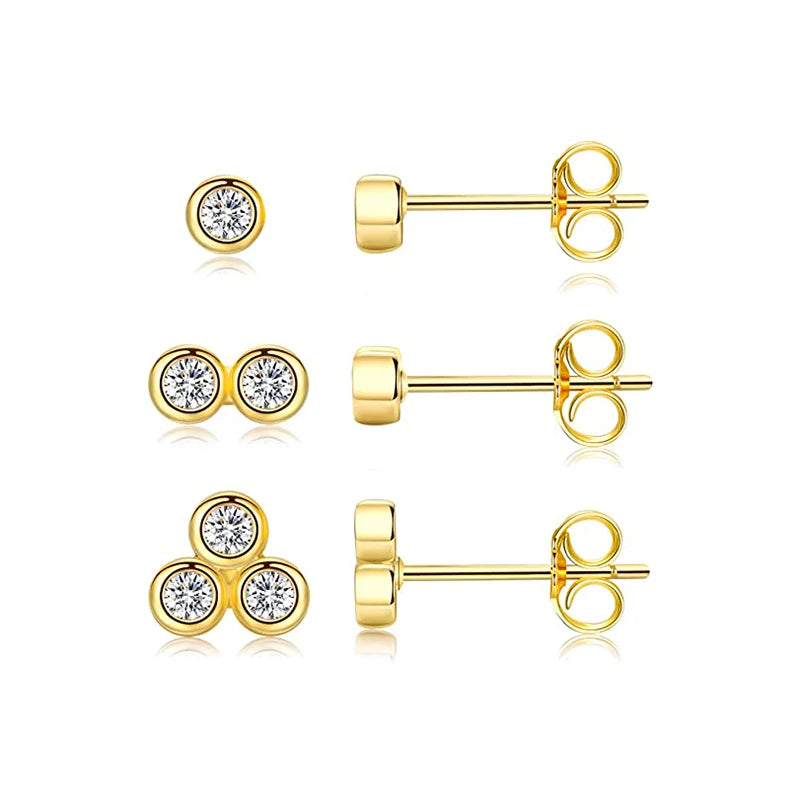Fashion 925 Sterling Silver Jewelry Small Simple Round Zircon Gold Plated Stud Earrings Set for Women