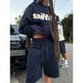Custom Women Cropped Hoodie Set Navy Blue Sweatshirt with Drawstring Shorts Two Piece Tracksuit Casual Streetwear Outfits