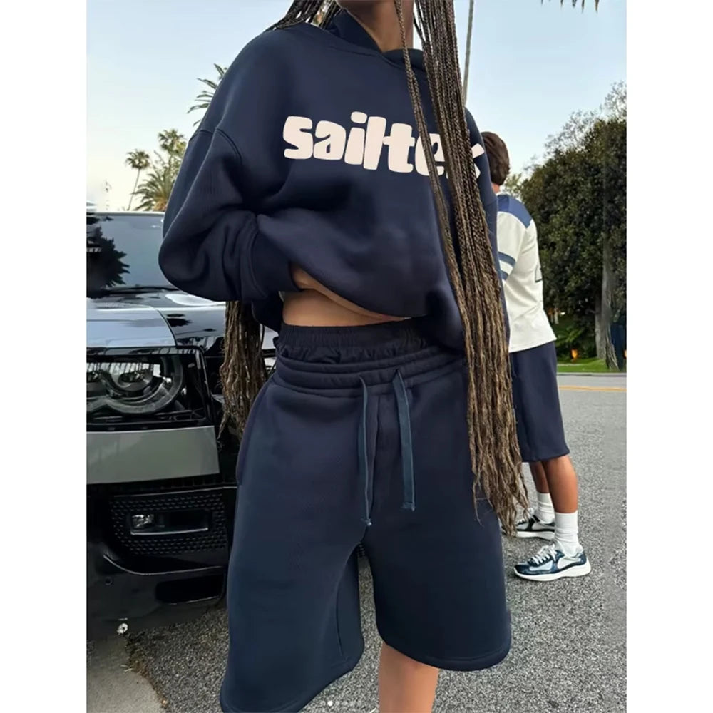 Custom Women Cropped Hoodie Set Navy Blue Sweatshirt with Drawstring Shorts Two Piece Tracksuit Casual Streetwear Outfits