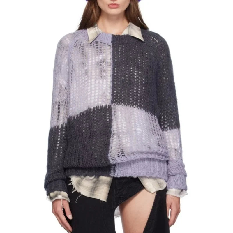 Women's Custom Vintage Design Spring Casual Sweater Regular Sleeves Semi-Sheer Open Knit Purple Gray Standard Acrylic Front