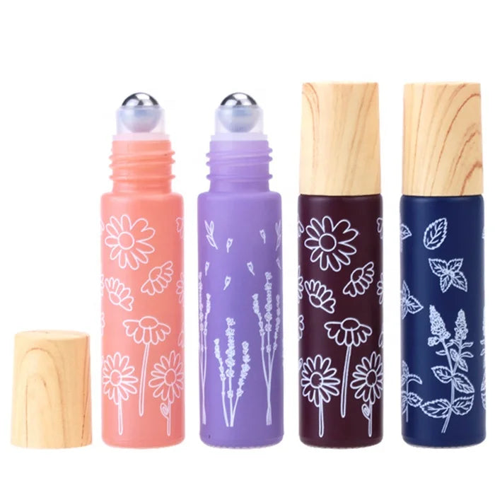 Refillable Empty Wooden Grain Lid Macaron Matte Colored pink Red Blue Orange Purple Green Metal Roller Glass Bottle Roll on 10ml