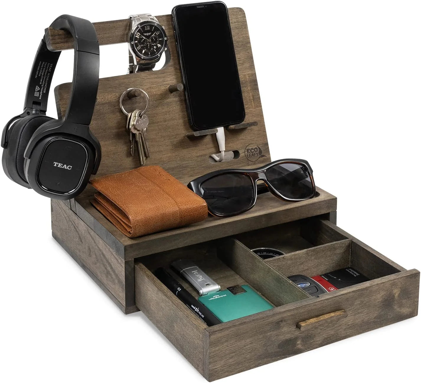 JUNJIWood Phone Docking Station Ash Key Holder Wallet Stand Watch Organizer Nightstand Organizer Desk Accessories