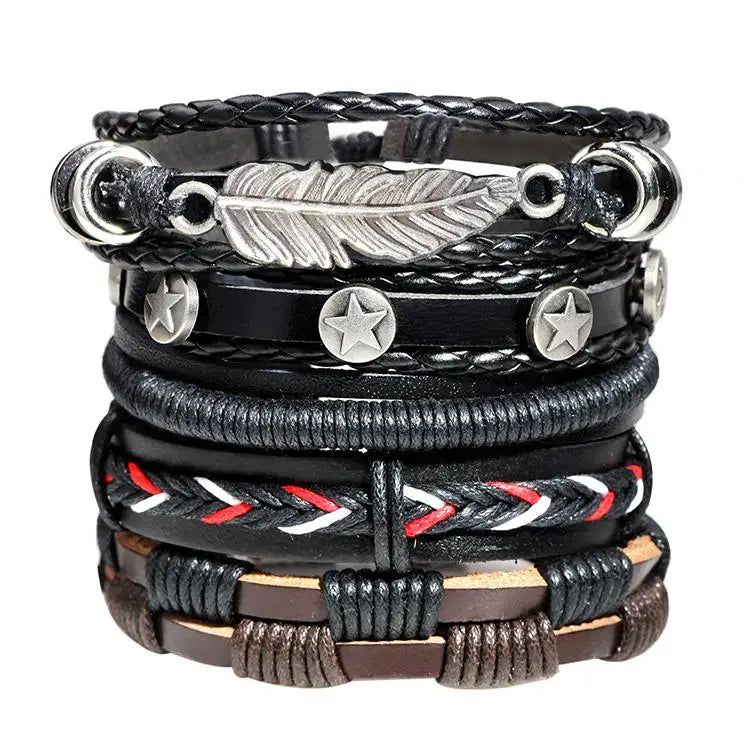 Unisex Five-piece DIY Retro Leather Bracelets Alloy Five-Pointed Star Braided Fashion Bangles