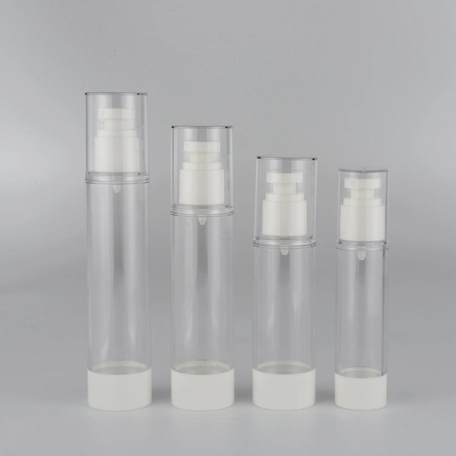 Low MOQ Clear Plastic Airless Serum Bottle 15ml 30ml 50ml White Mist Pump Transparent Lotion Bottle Packaging Custom Logo