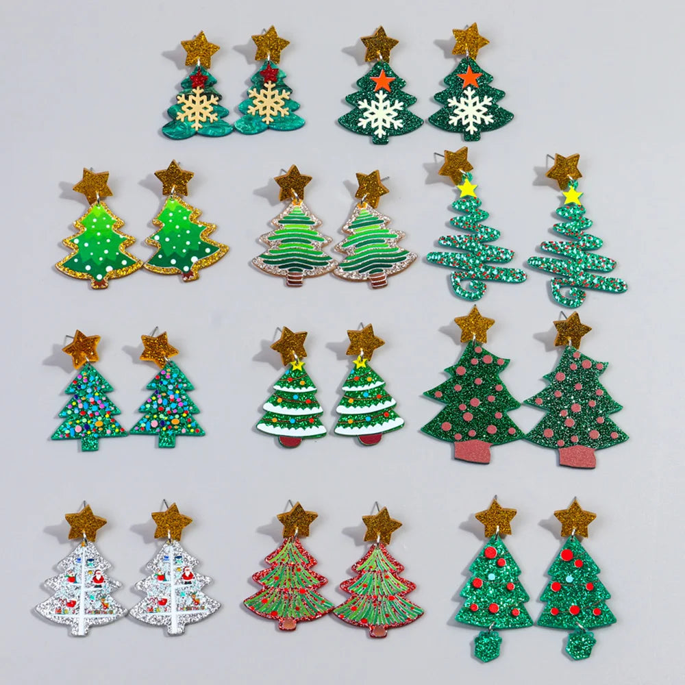 New Creative Designer Mixed Christmas Tree Styles Holiday Glitter Snowflake Stars Cute Acrylic Drop Earrings for Women