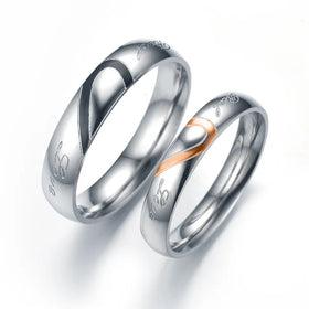 5mm Waterproof No Fade Heart Wedding Couple Ring Stainless Steel Black Enamel Half Heart Promise Rings