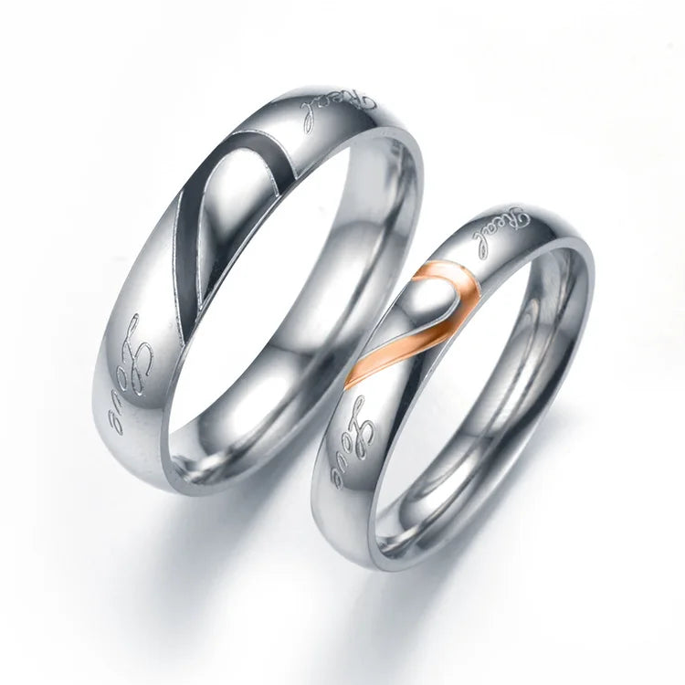 5mm Waterproof No Fade Heart Wedding Couple Ring Stainless Steel Black Enamel Half Heart Promise Rings