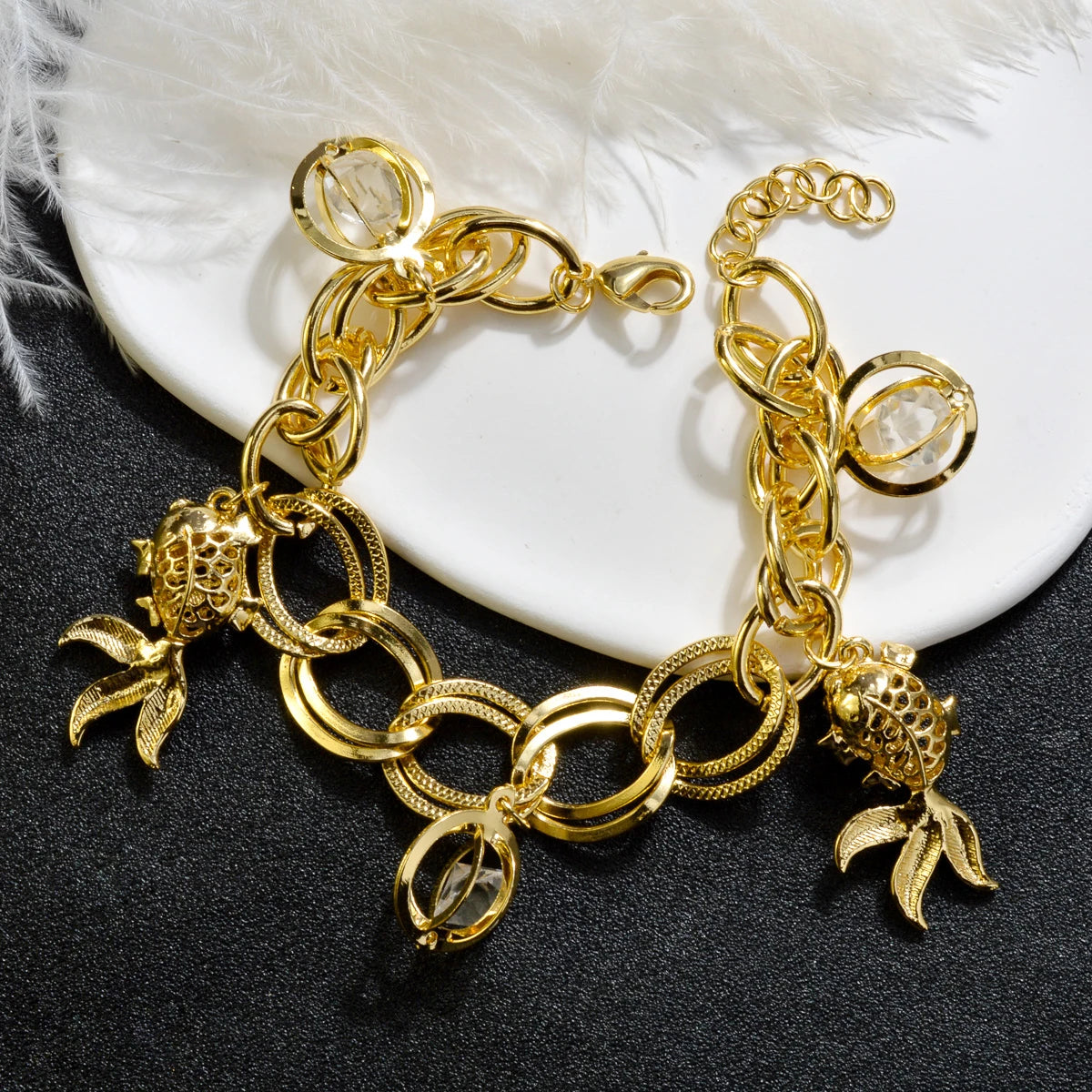 NEW Arrived Goldfish and Ball Zircon 14k Gold Plated Link Chain Charm Bracelet