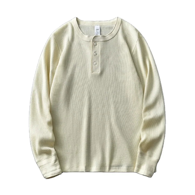 Custom logo Henry Neck Men's t Shirt Soft Cotton Blend Waffle Three Buttons Long Sleeve t Shirts