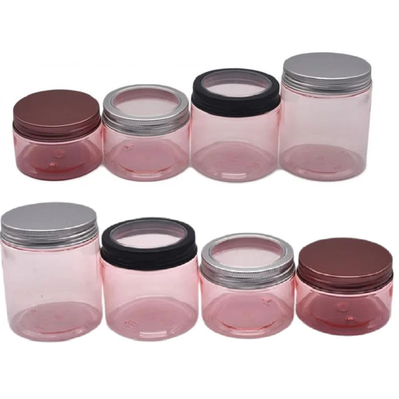 Aluminum Screw Lid Pot 100g 120ML 150g 200ML 250g Cream Food Tea Nail Glitter Packaging Container Pink PET Plastic Bottle Jar