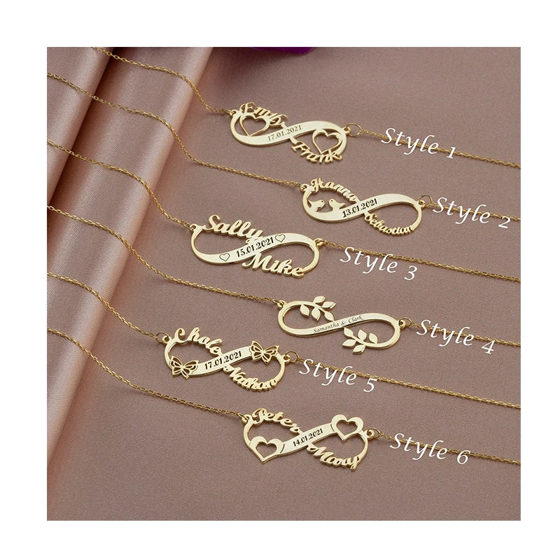 Custom Engraved Names and Alphabet Infinite Symbol Necklace Stainless Steel Gold Plated Chains for Women and Men