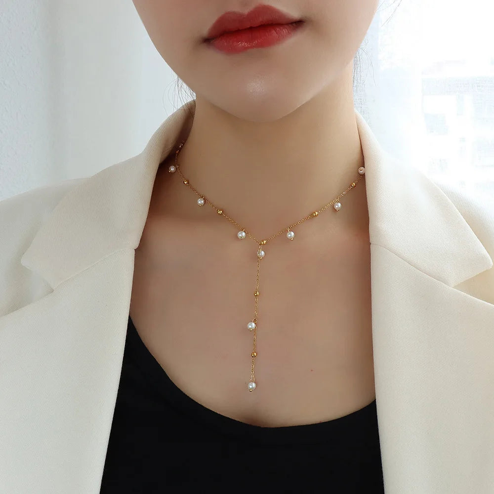 Joolim Jewelry 18K Gold Plated Imitation Pearl Satellite Dainty Chain Tassel Necklace Stainless Steel Jewelry Wholesale