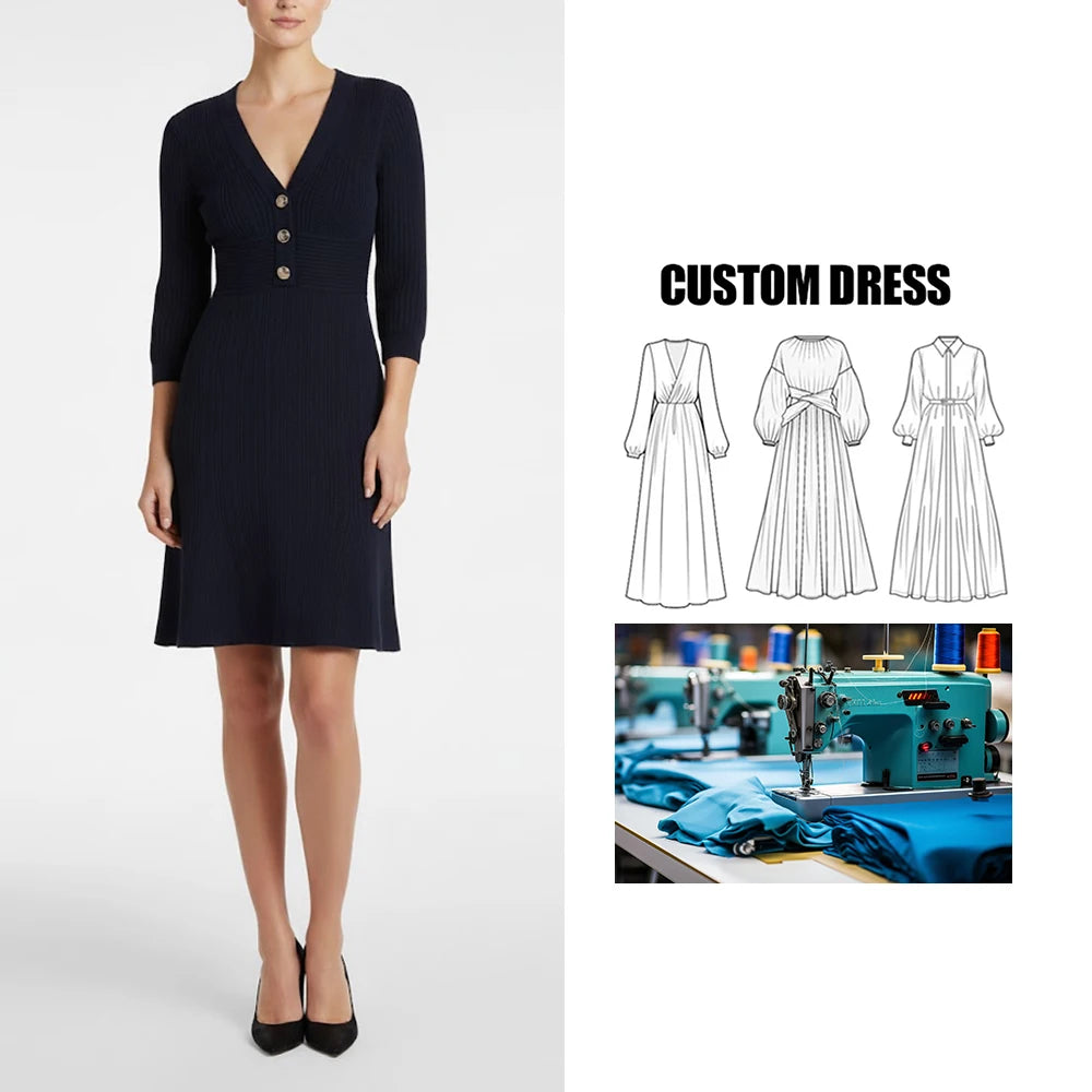 Customizable Brand Summer Designer Goddess Elegant Temperament V-neck Short Sleeve Vertical Stripes Knee Length a Line Dress