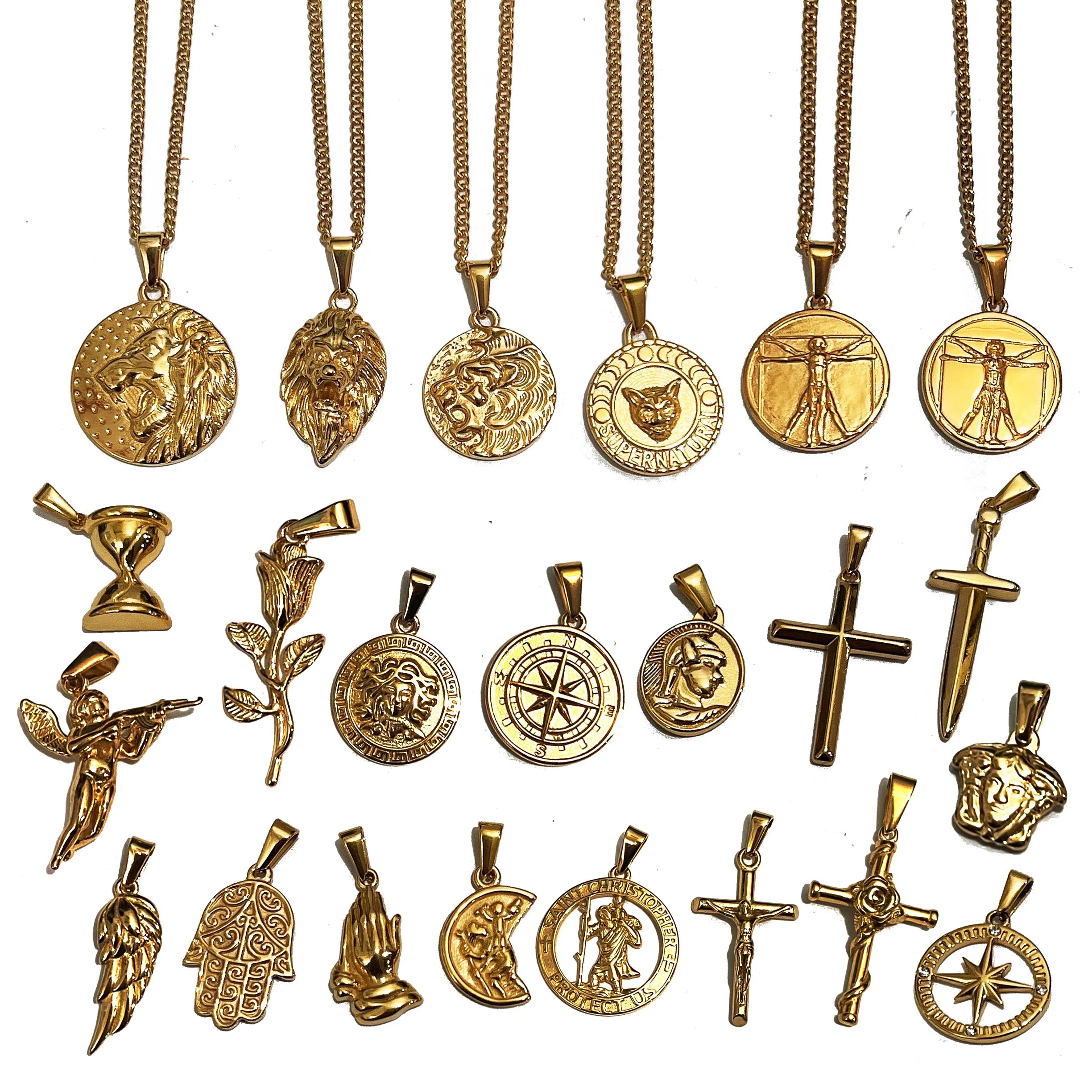 London Hot Vitruvian Man Pendant Medusa Necklace Stainless Steel Rose Angel Wing Choker Lion Crucifix Necklace Compass Jewelry