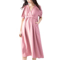 Candy Soft Color Women Pregnancy Clothes Short Sleeve Chiffon Solid Color Midi Dress With Drawstring Waist