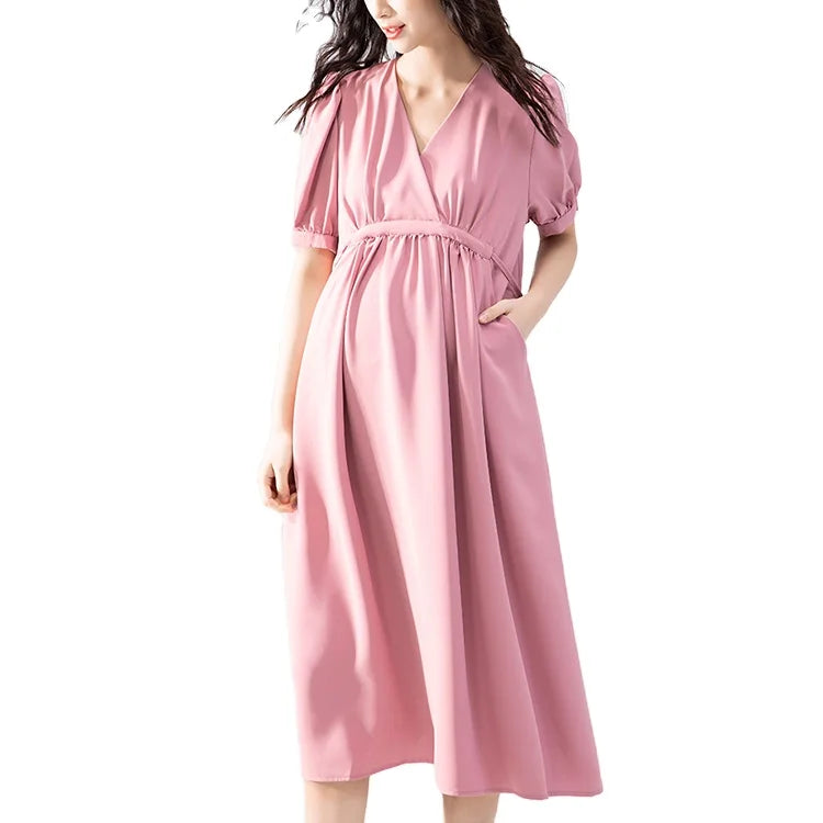 Candy Soft Color Women Pregnancy Clothes Short Sleeve Chiffon Solid Color Midi Dress With Drawstring Waist