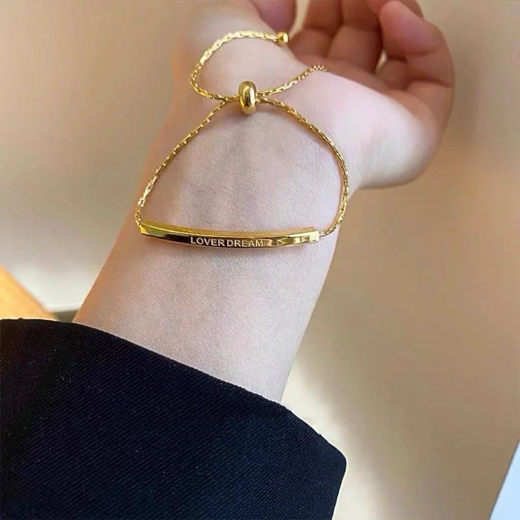G2075 18K Gold Plated Adjustable Titanium Stainless Steel Chain Letter LOVE Engraved Bar Charm Bracelet for Women