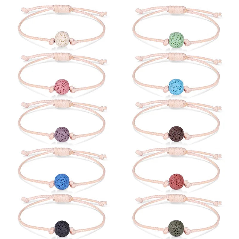 Colorful Natural Volcanic Stone Lava Rock Beads Rope Bracelet Round Beads Braided Wax Thread Fashion Bangle