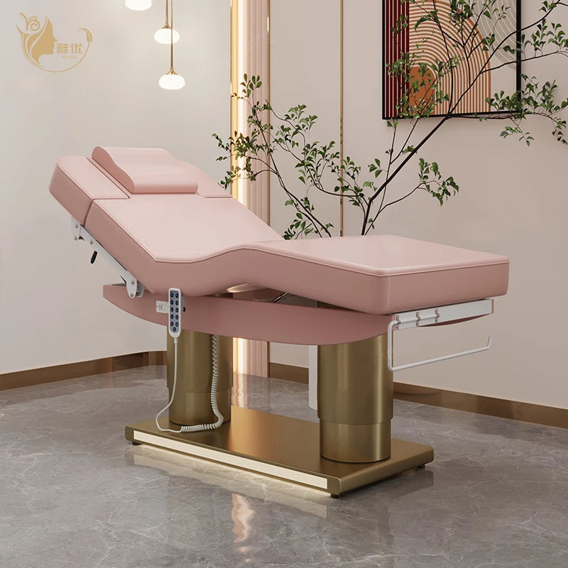 Luxury PU Leather 4 Motor Beauty Massage Bed with Gold Stainless Steel Base for Salon and Tattoo Use