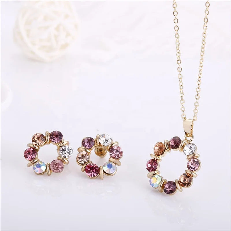 Temperament Diamond Hoop Earring Pendant Necklace 3pcs Rhinestone Jewelry Set for Women Girls