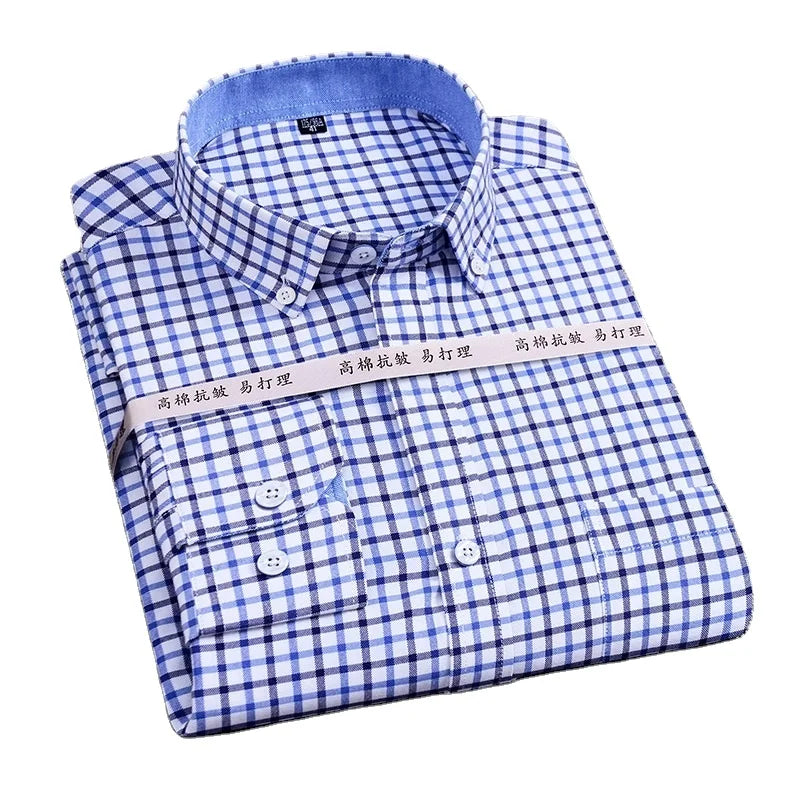 New Oxford Men's Casual Striped Long-sleeved Shirt Slim Plaid Shirt