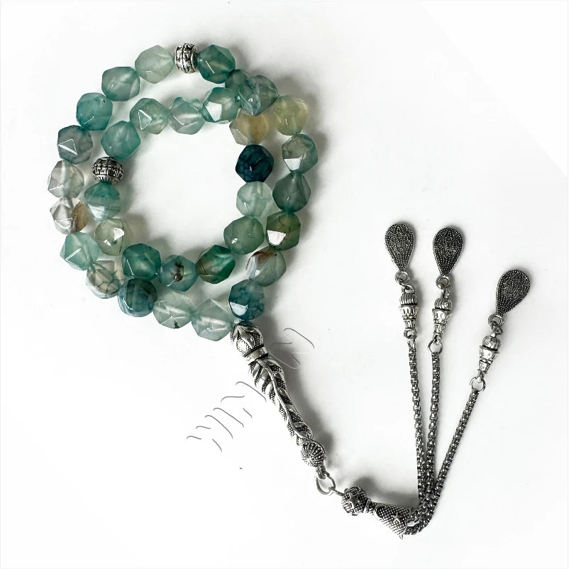Green Natural Agate Diamond Cut 10mm Beads With Silver Accessories Misbaha Prayer Beads Islamic Tasbih Muslim Rosaries