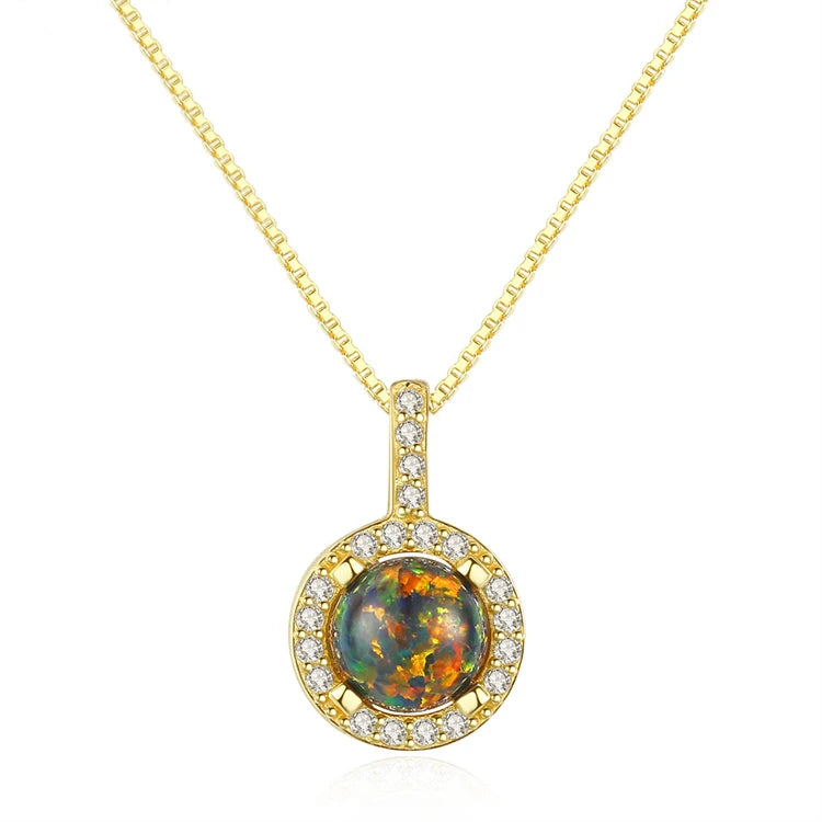 Fine Jewelry 925 Sterling Silver 18k Gold Plated Natural Round Fire Opal Pendant Necklace for Women Girls