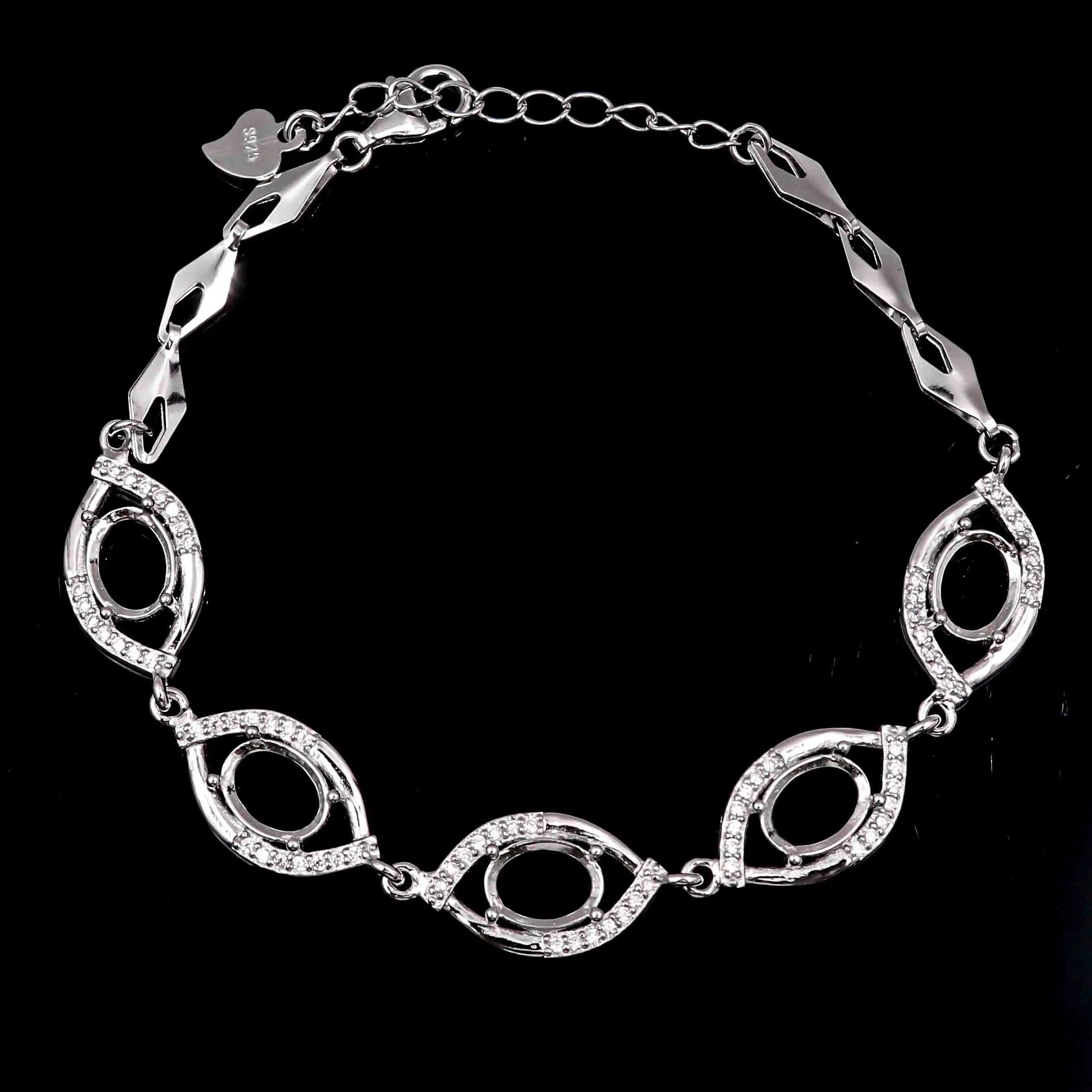 Sterling Silver 6*8mm Semi Mount Bracelet Empty Frame Blank Claws Setting S925 Base Holder Without Center Stone Inlay for DIY