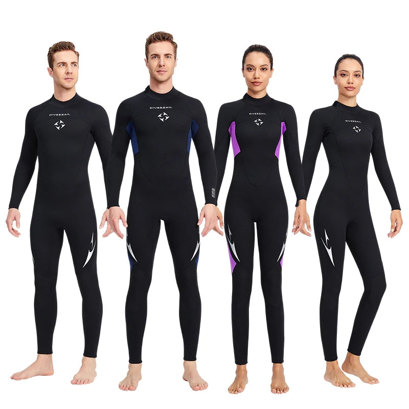 Women Men 3mm Neoprene Wetsuits One Piece Long Sleeve Couple Surf Dive Wear Hoodless Back Zip Surfing Scuba Diving Suit