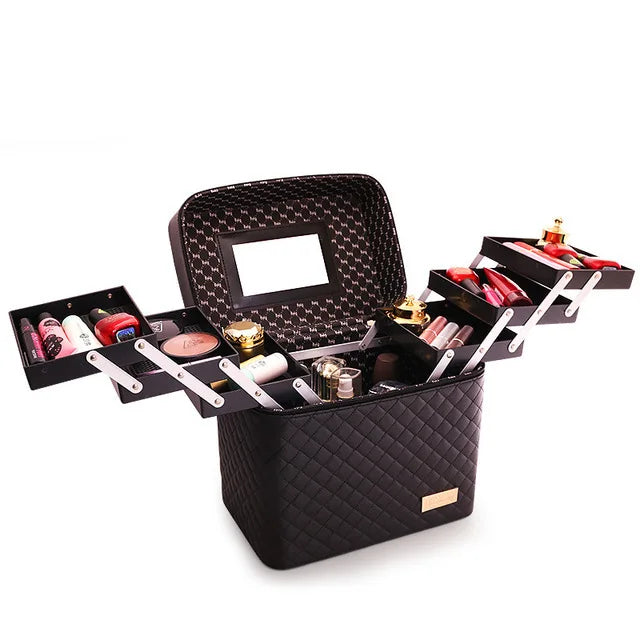 PU Large Capacity Multi-layer Portable Makeup Box Portable Drawer Type Toiletry Bag Metal Webbed Desktop Office Storage Box
