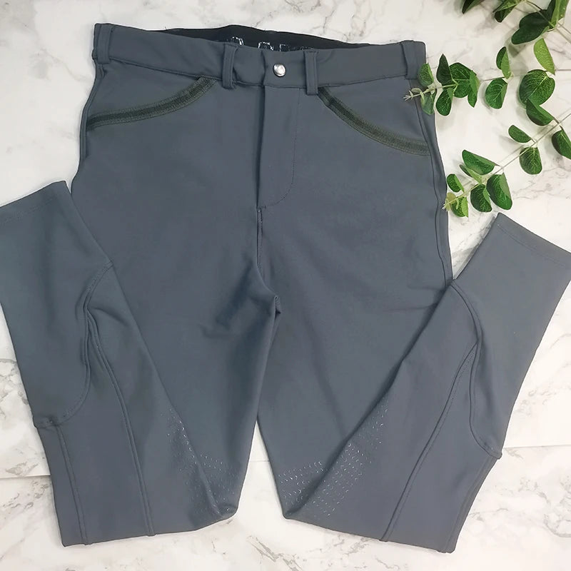 New Color Gray Knee Silicone Horseman Riders Riding Pants Zipper Button High Stretchy Mens Equestrian Breeches Clothing