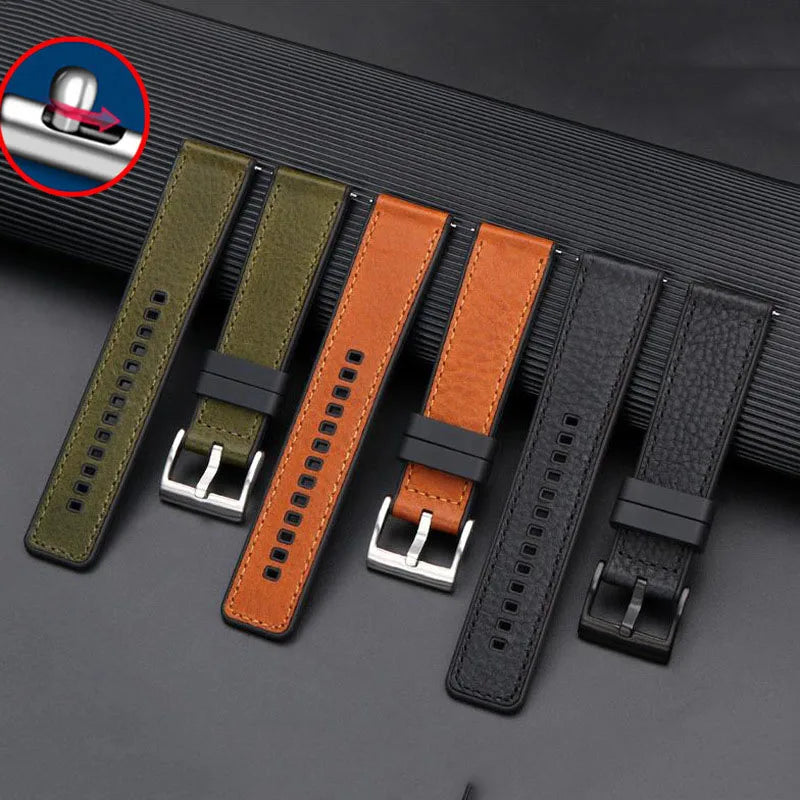 High Quality Waterproof Italian Leather+Rubber Hybrid Watch Straps Sports Soft Silicone Rubber Leather Hybrid Watch Strap Band
