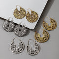 Kaimei AliExpress Fashion Jewelry Retro Ethnic Style Geometric Retro Earrings Round Hollow Carved Alloy Hoop Earrings Female