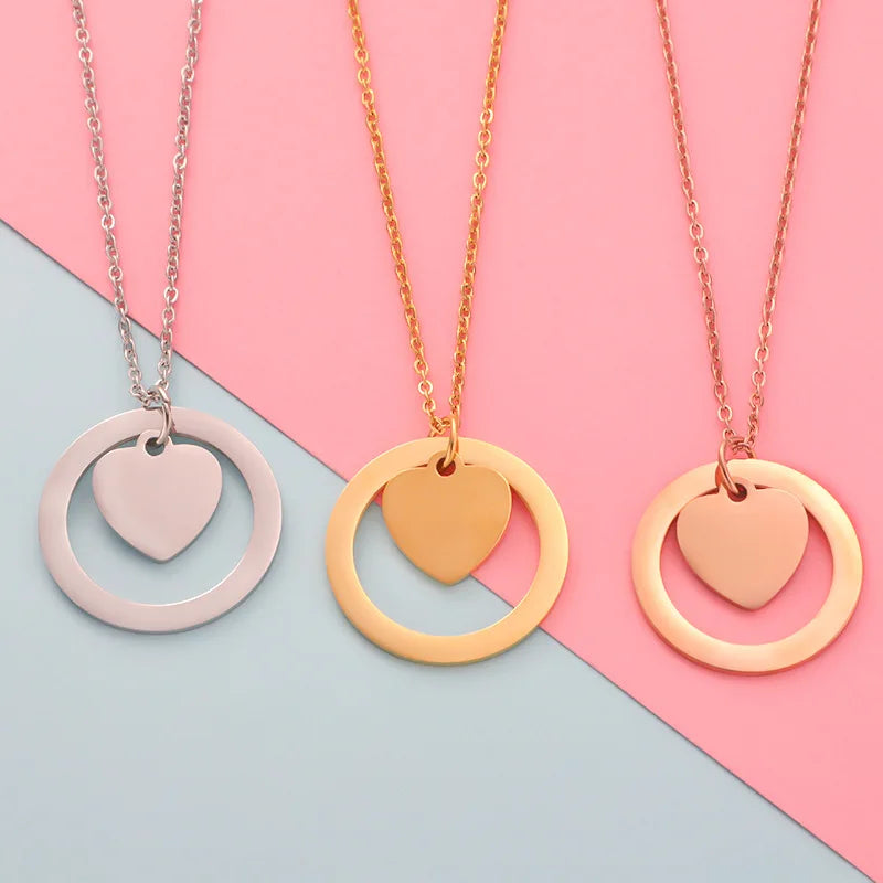 Manufactures PVD 18K Gold Plated Rose Gold Engraved LOGO Blank Heart Necklace Stainless Steel Jewelry Wholesale for Woman
