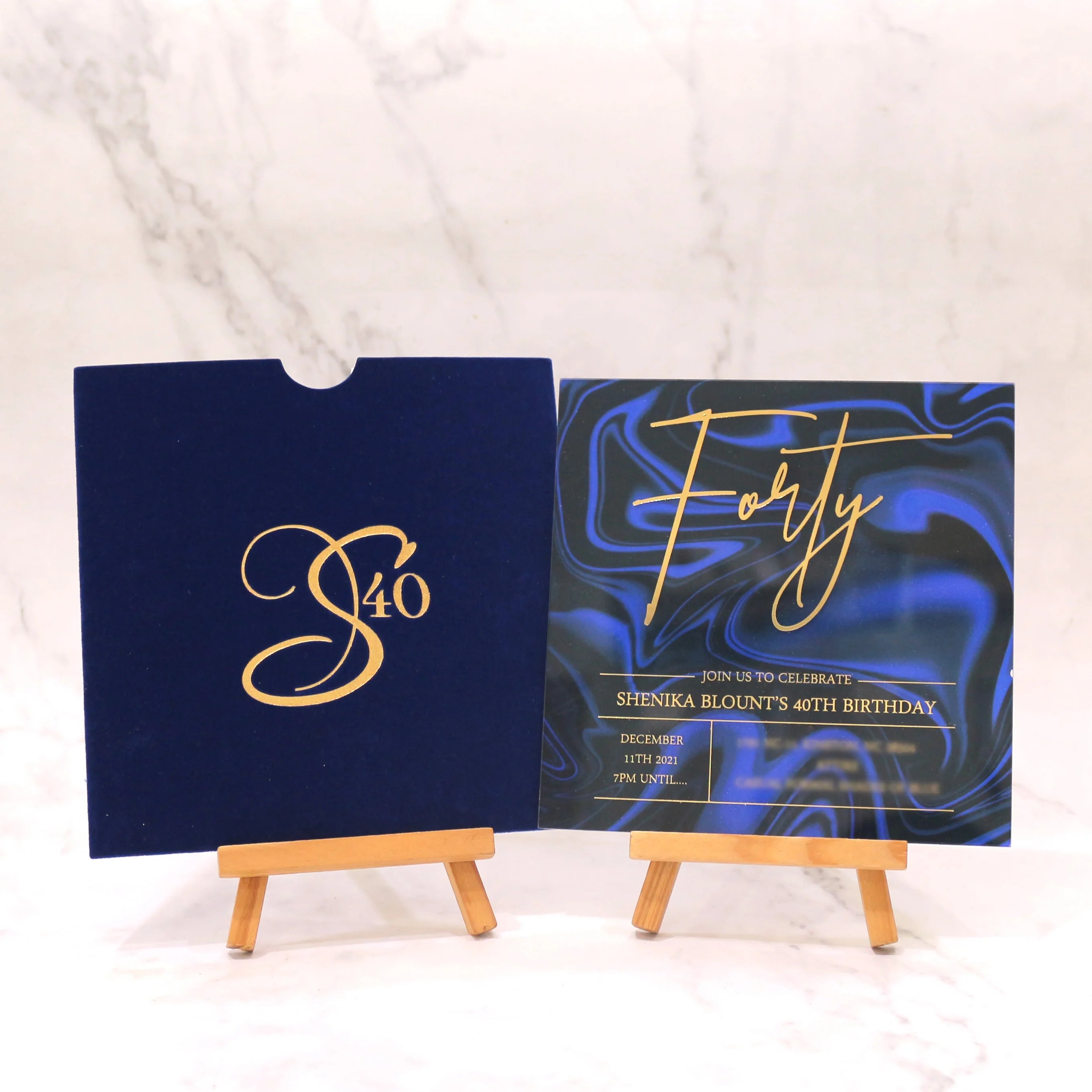 New Design 40th Birthday Party Invitation Card Foil Acrylic with Dark Blue Velvet Pocket