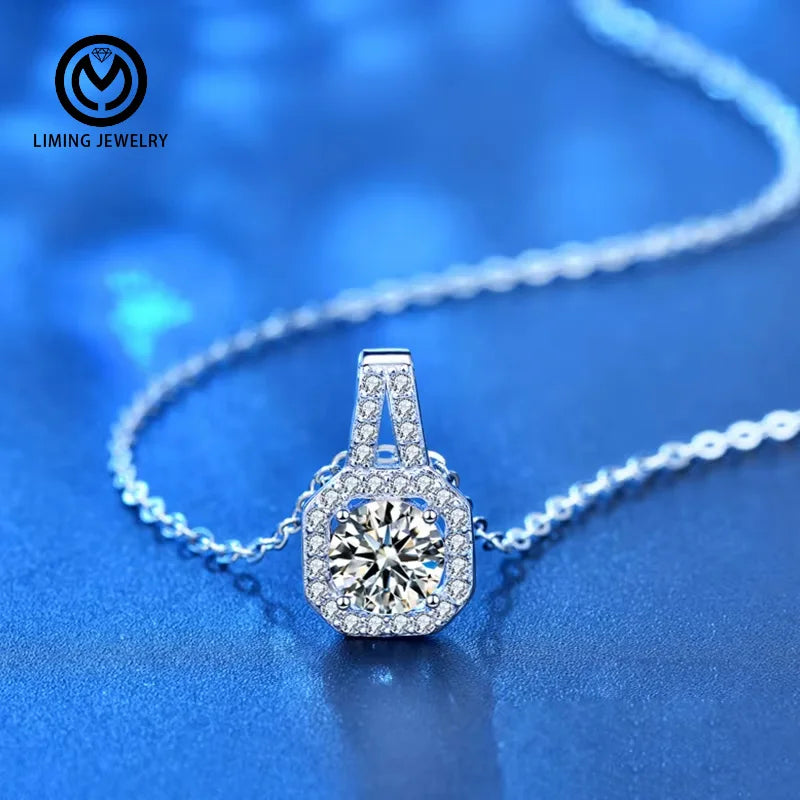 XMZ018 Custom Fine Jewelry 925 Sterling Silver Luxury Halo 1/2Ct Round Cut Moissanite Square Pendant Necklace for Women