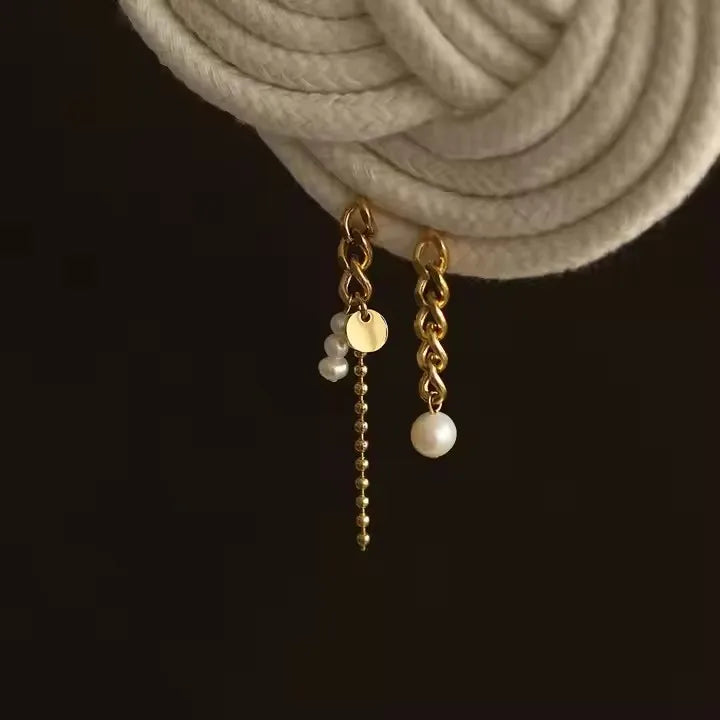 Stainless Steel New Asymmetrical Hand Made Tassel Pearl Earrings Freshwater Beads Tassel Titanium 18k Gold Plated Jewelry
