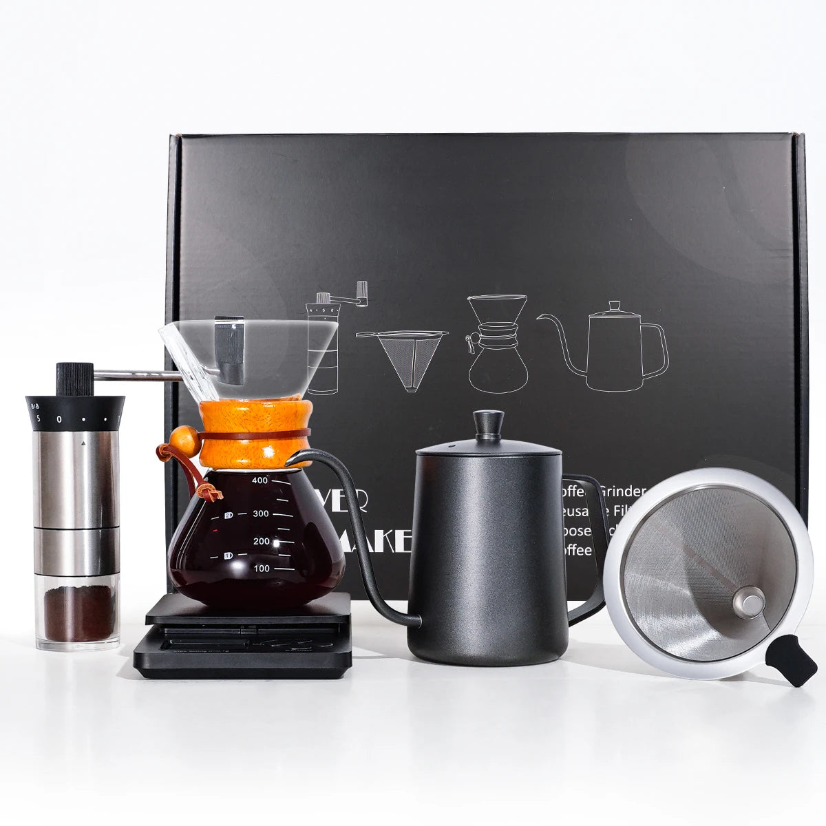 Pour Over Drip Kettle With Manual Grinder Premium Gift Camping Coffee Set Outdoor Travel Portable Coffee Maker Set