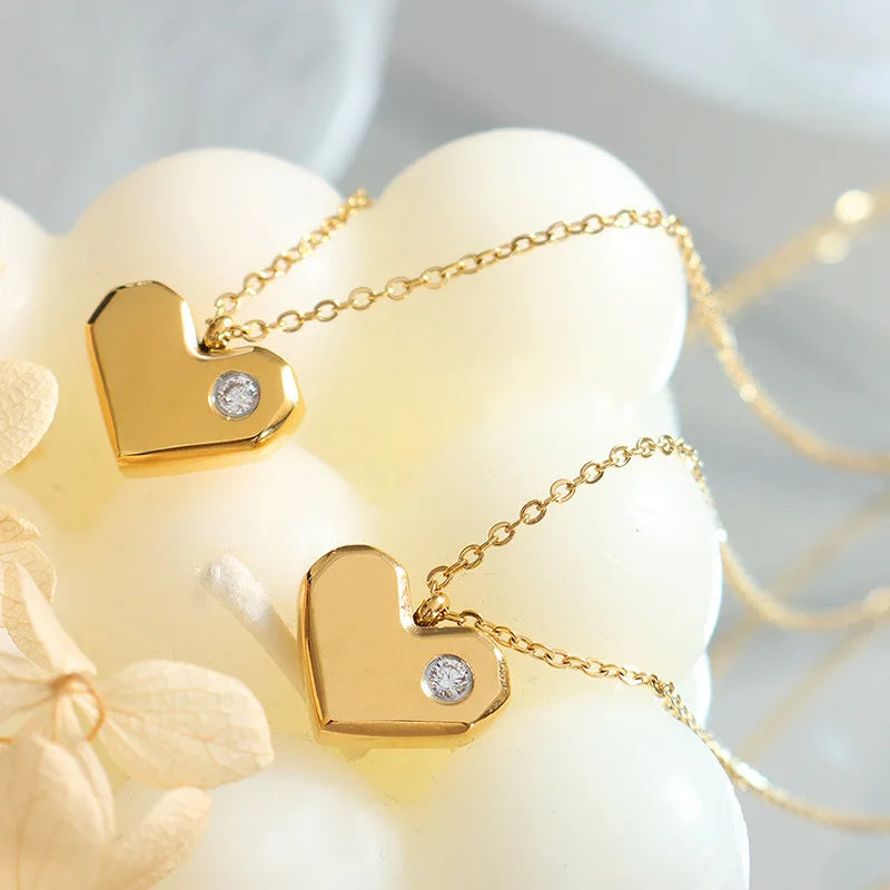 18k Gold Plated Heart Jewelry Stainless Steel Paved Zircon Heart Pendant Necklace for Women